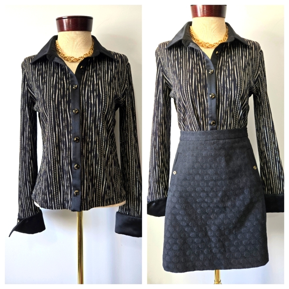 JOSEPH RIBKOFF Vintage Black, Gold Blouse-Satin Collar, French Cuffs. Size 10